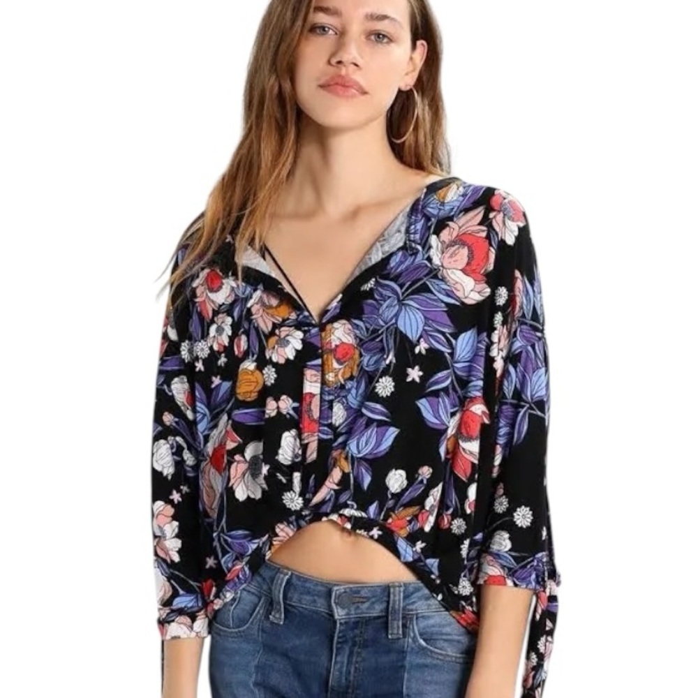 NWT Free People Keepin On Floral‎ Printed Blouse Top Black XS